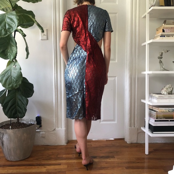 Marco De Vincenzo *CUSTOM DESIGNER* RUNWAY Red Blue Metallic Midi Cocktail Dress - Picture 11 of 16